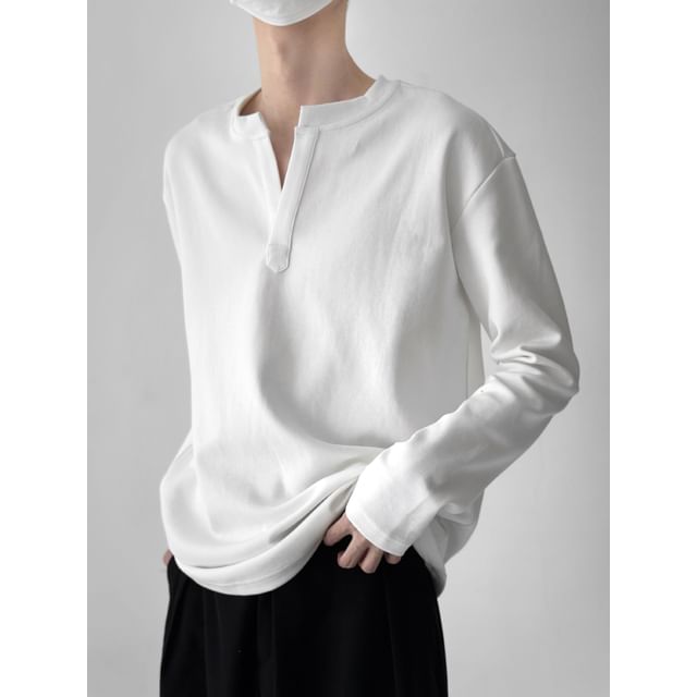 Savenne-Long-Sleeve Split Neck Plain T-Shirt