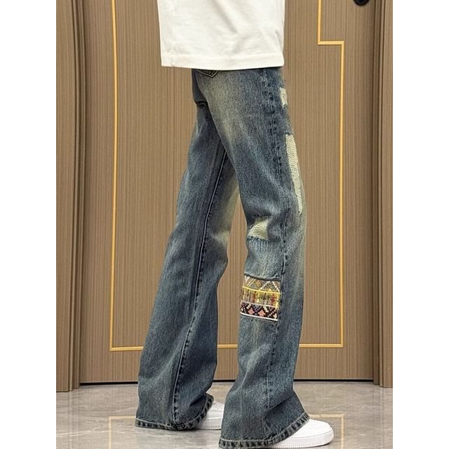 Savenne-Mid Rise Washed Distressed Patchwork Flared Jeans