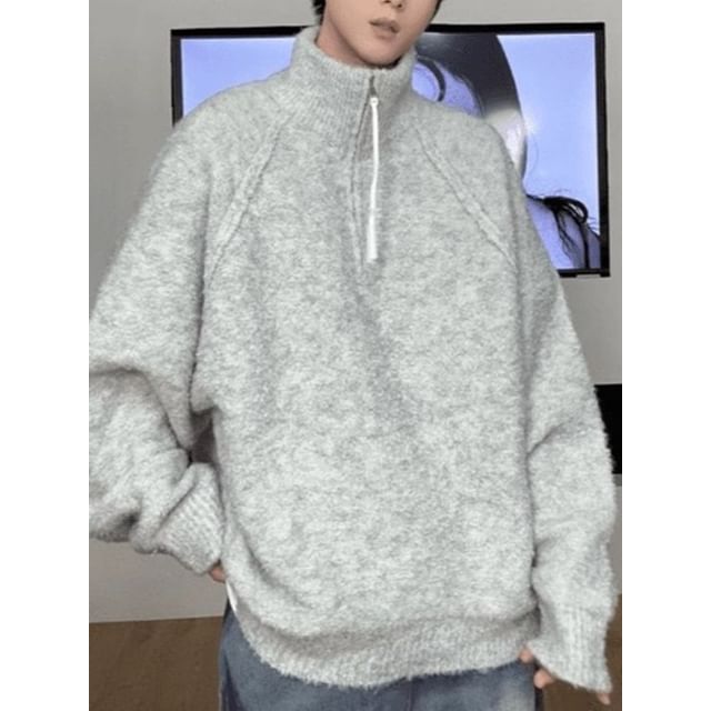 Savenne-Mock Neck Melange Half-Zip Sweater