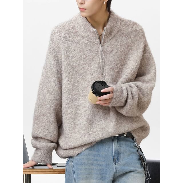 Savenne-Mock Neck Melange Half-Zip Sweater
