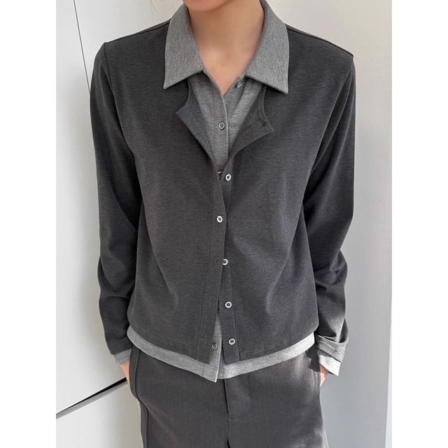 Savenne-Mock Two-Piece Collared Two Tone Cardigan