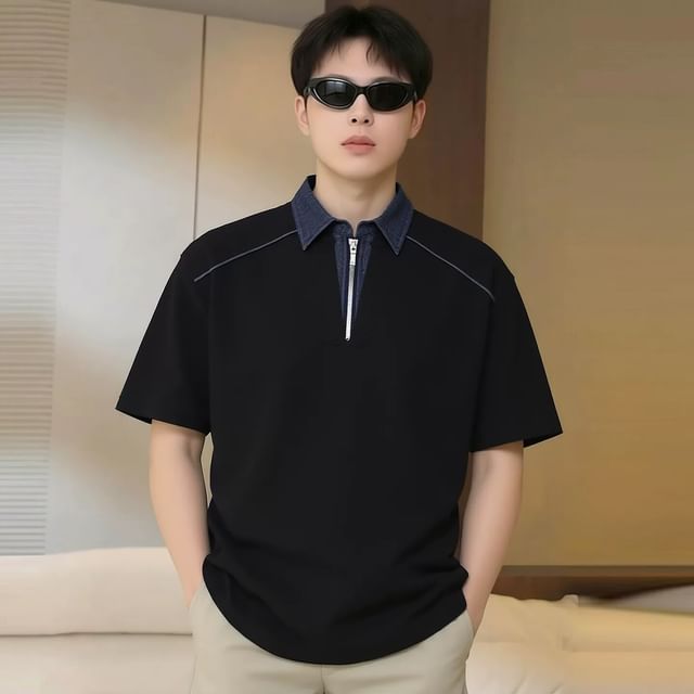 Savenne-Mock Two-Piece Elbow-Sleeve Collared Denim Panel Half-Zip T-Shirt