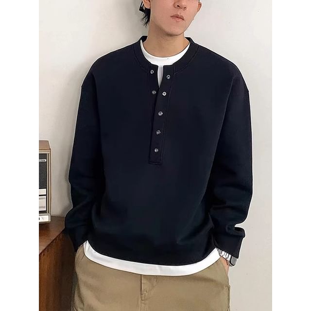 Savenne-Mock Two-Piece Henley Two Tone Sweatshirt