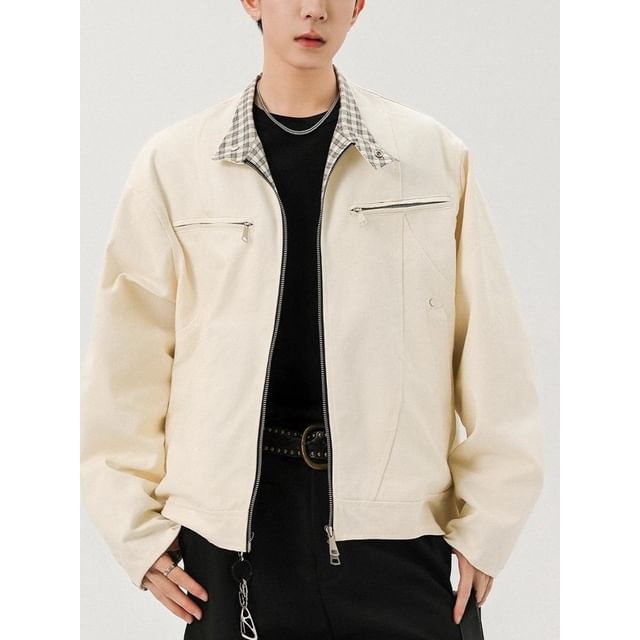 Savenne-Plaid Lining Zip-Up Crop Jacket