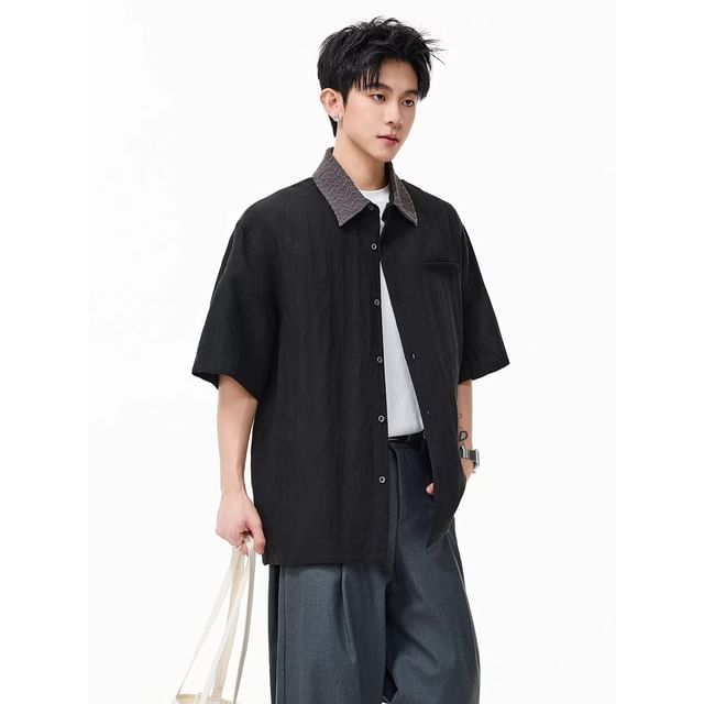 Savenne-Short-Sleeve Collared Plain Button Up Shirt