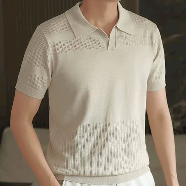 Savenne-Short-Sleeve Collared Plain Perforated Knit Top