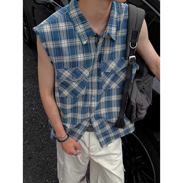 Savenne-Sleeveless Collared Plaid Button Up Shirt
