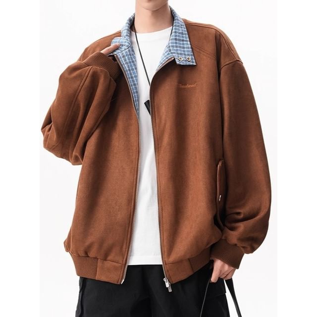 Savenne-Stand Collar Faux Suede Plaid Lined Zip Jacket