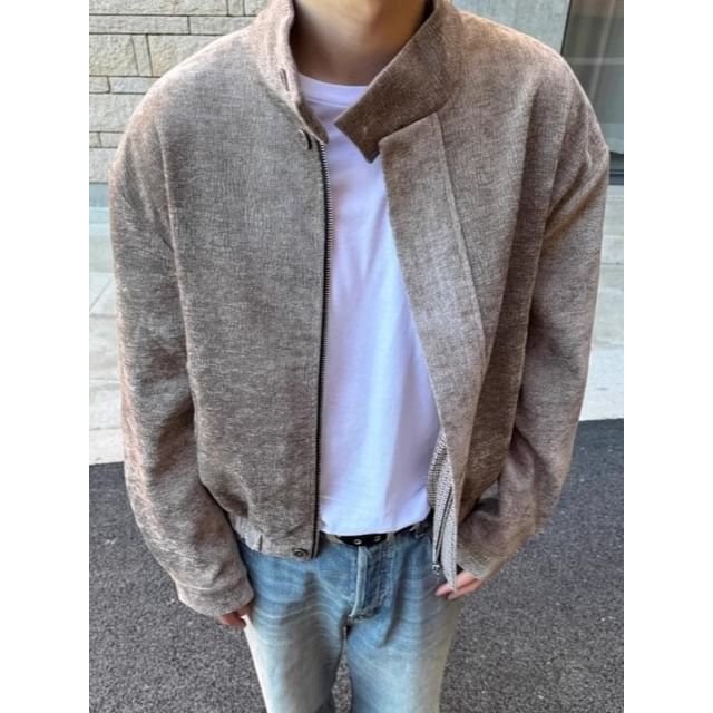 Savenne-Stand Collar Houndstooth Panel Zip Jacket