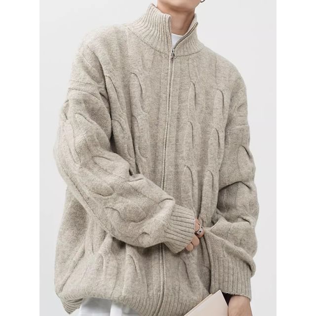 Savenne-Stand Collar Plain Cable Knit Zip Cardigan