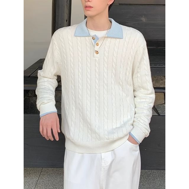Savenne-Striped Collar Henley Cable Knit Sweater