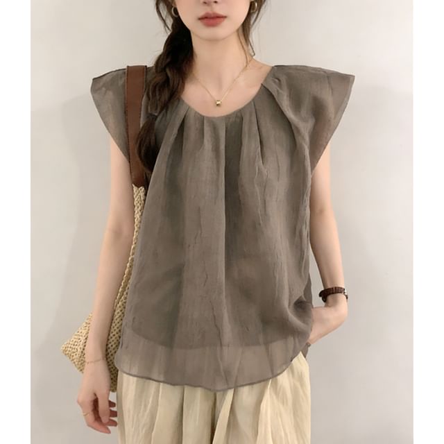 scenesweet-Cap-Sleeve U-Neck Plain Flowy Blouse