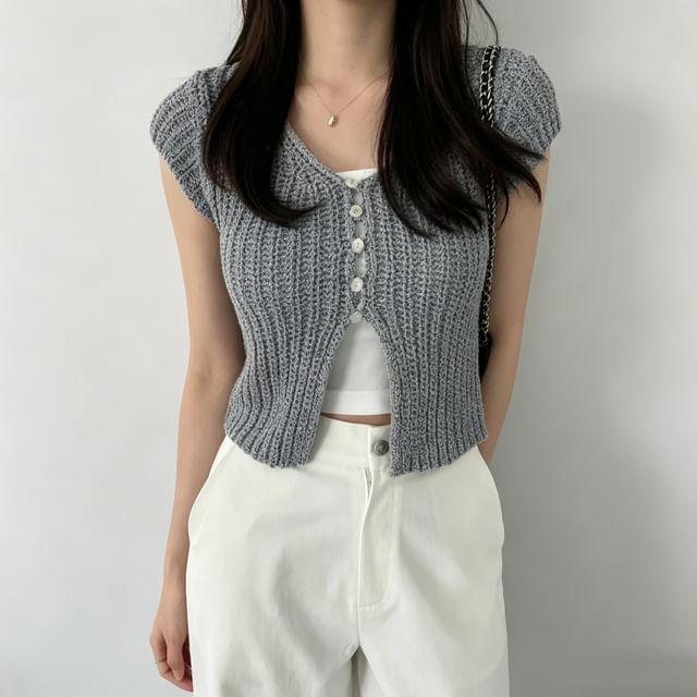 scenesweet-Cap Sleeve V-Neck Plain Knit Top