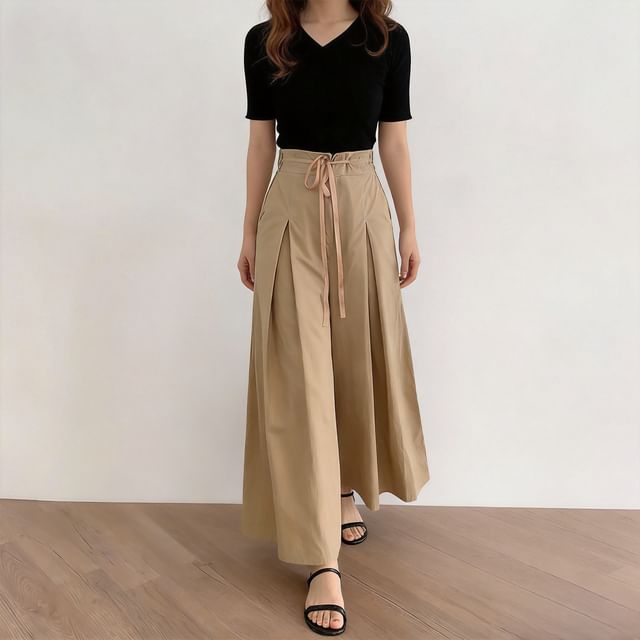 scenesweet-Drawstring Waist Plain Palazzo Pants