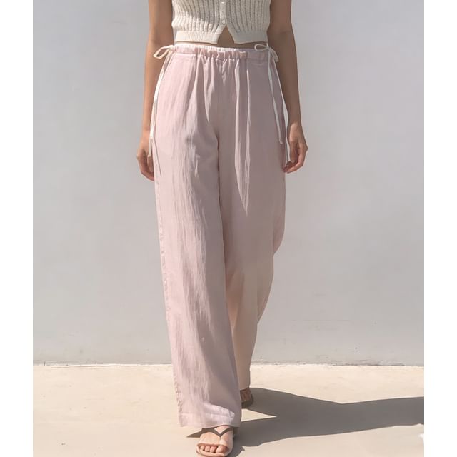 scenesweet-Elastic Waist Plain Wide Leg Pants