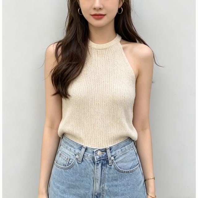 scenesweet-Halter Neck Open-Back Slim-Fit Knit Top