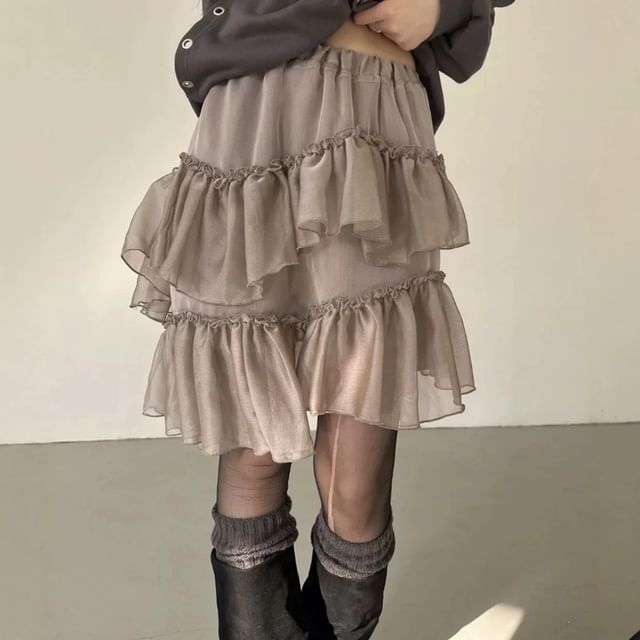 scenesweet-High Waist Mesh Panel Ruffled Mini Skirt
