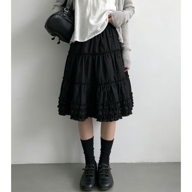 scenesweet-High Waist Plain Ruffled Mini Tiered Skirt