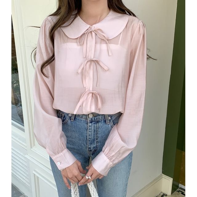 scenesweet-Long-Sleeve Peter Pan Collar Plain Tie Front Sheer Blouse