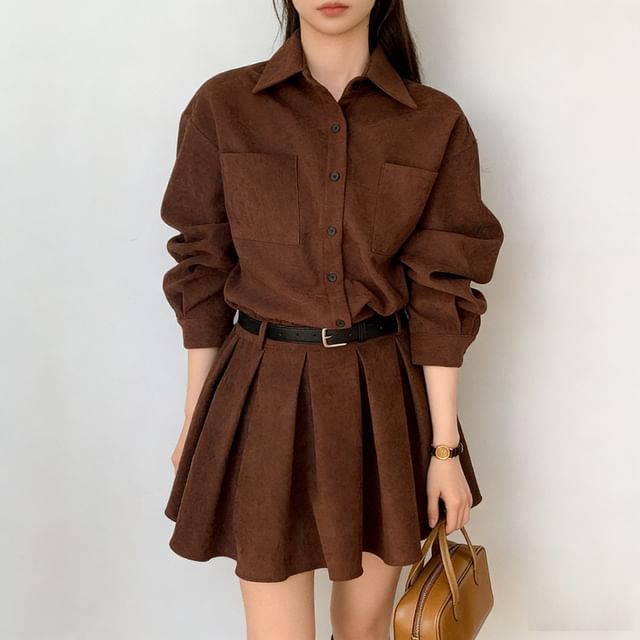 scenesweet-Long-Sleeve Pleated Half-Buttoned Plain Mini A-Line Shirt Dress