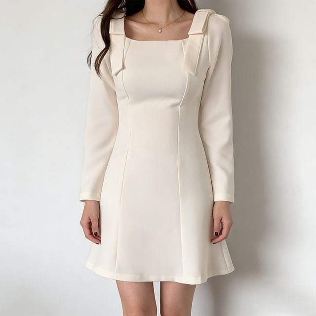 scenesweet-Long-Sleeve Square Neck Plain Mini A-Line Dress