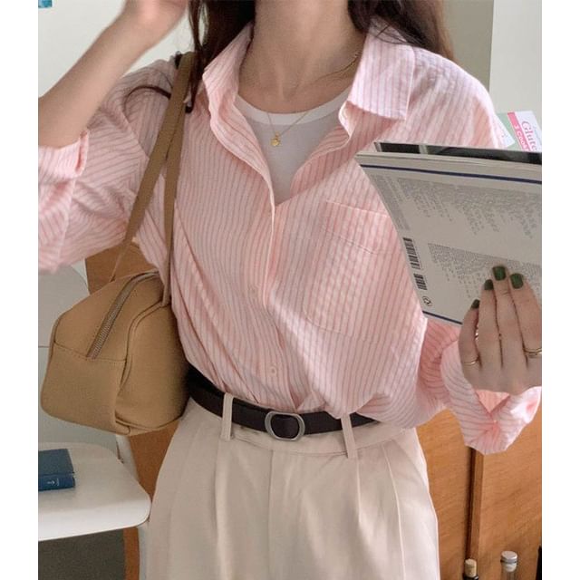 scenesweet-Long-Sleeve Striped Pocket Front Shirt