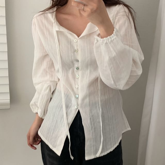 scenesweet-Long Sleeve Tie Neck Plain Blouse