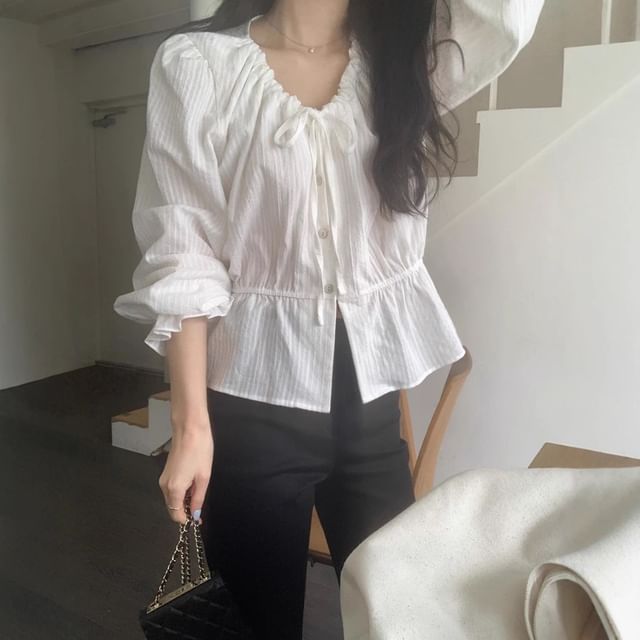 scenesweet-Long-Sleeve U-Neck Lace Plain Shirt