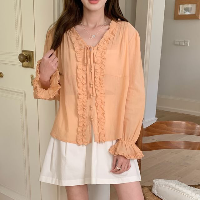 scenesweet-Long-Sleeve V-Neck Plain Ruffle Trim Blouse