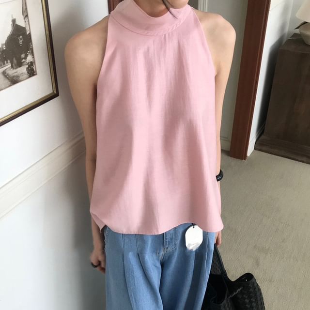 scenesweet-Mock Neck Plain Halter Top