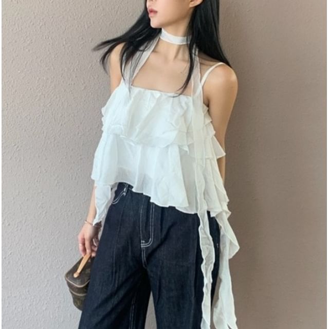 scenesweet-Plain Ruffled Crop Camisole Top