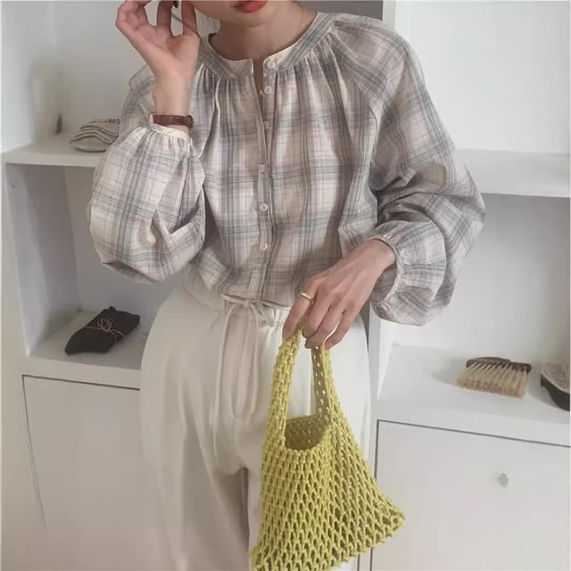 scenesweet-Puff Sleeve Plaid Loose-Fit Blouse