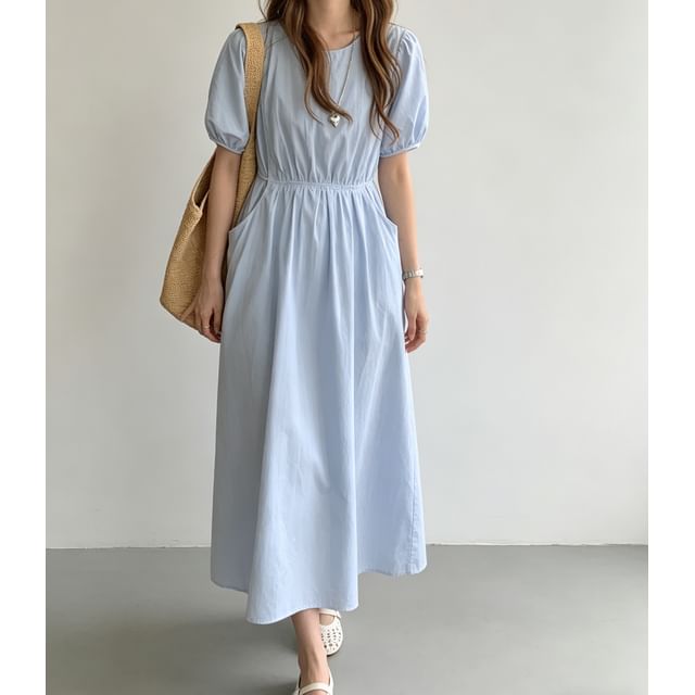 scenesweet-Puff Sleeve Plain Drawstring Midi Dress