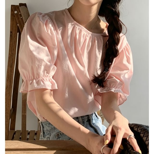 scenesweet-Puff Sleeve Plain Loose-Fit Blouse