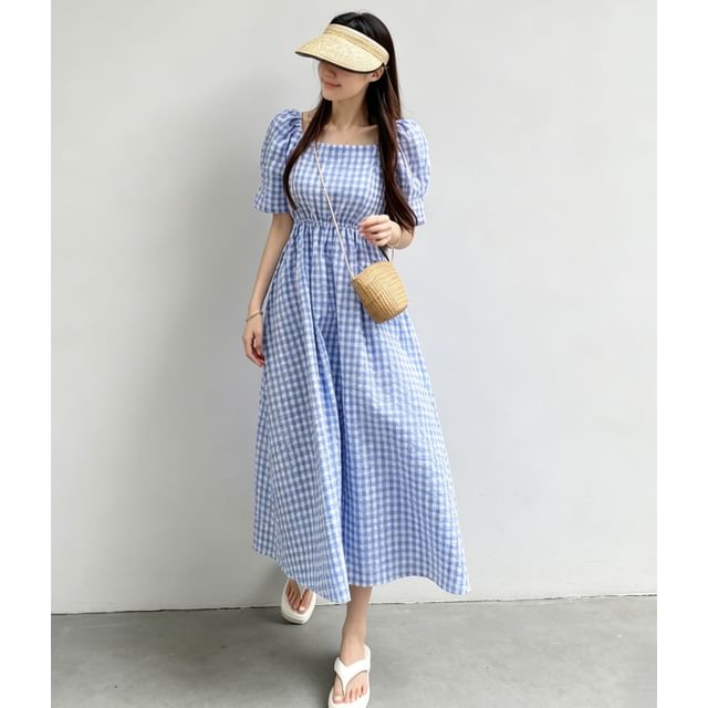 scenesweet-Puff Sleeve Square Neck Gingham Midi A-Line Dress