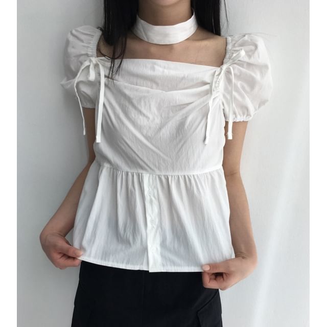 scenesweet-Puff Sleeve Square-Neck Plain Peplum Blouse