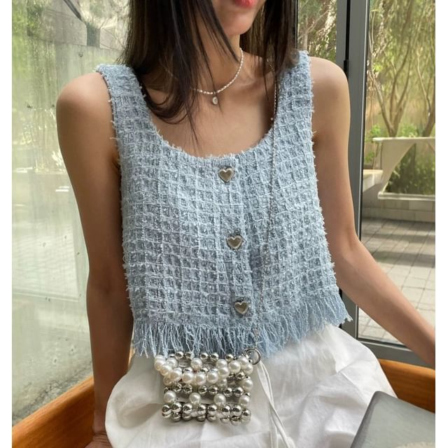 scenesweet-Round Neck Tweed Tassel Tank Top