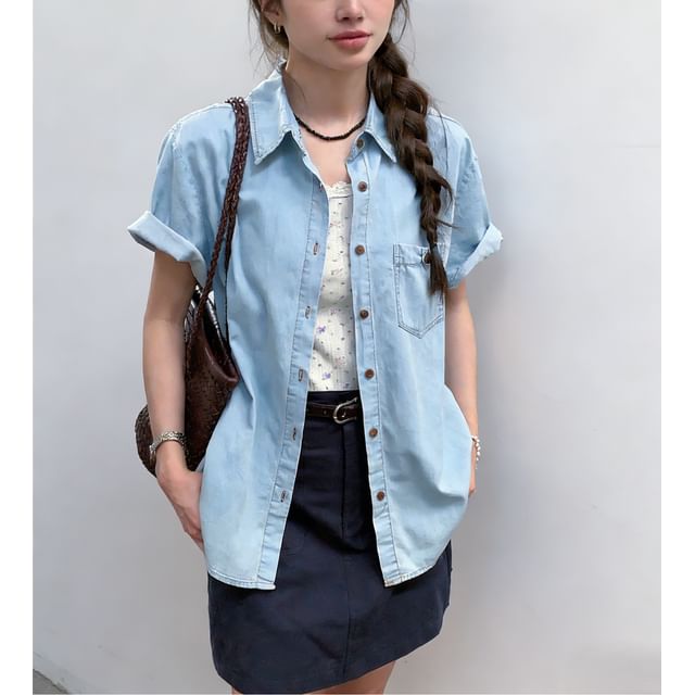 scenesweet-Short-Sleeve Button-Up Denim Shirt