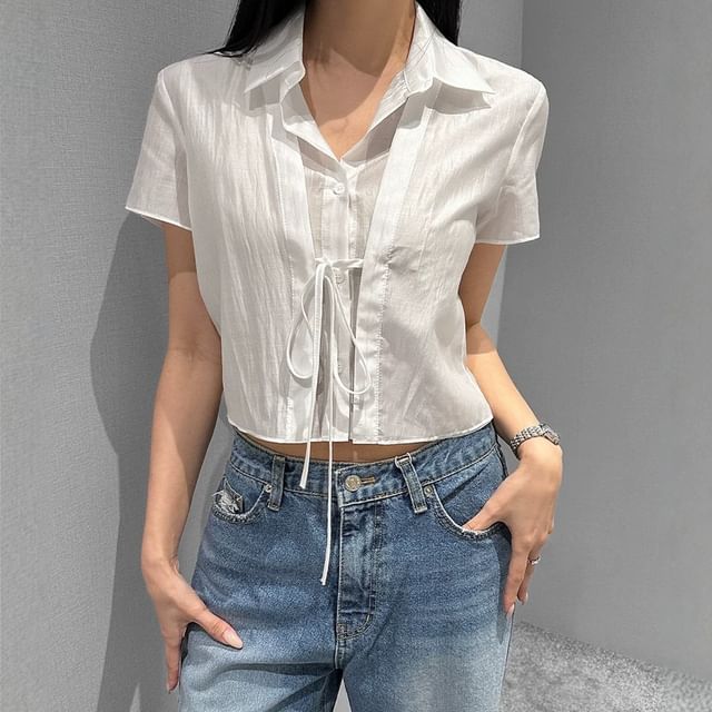 scenesweet-Short Sleeve Mock Two Piece Crop Blouse