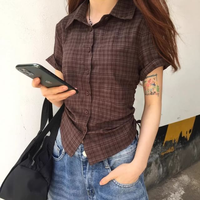 scenesweet-Short Sleeve Plaid Side Drawstring Slim-Fit Shirt