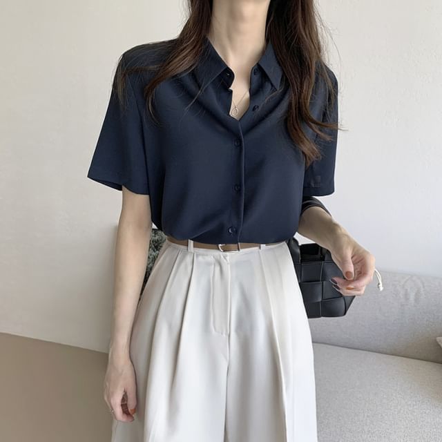 scenesweet-Short Sleeve Plain Loose-Fit Blouse