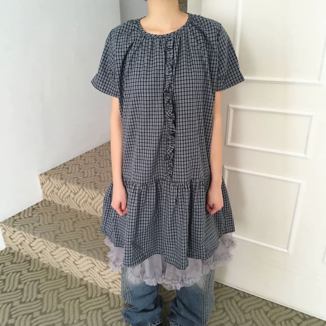 scenesweet-Short Sleeve Round Neck Gingham Ruffled Loose-Fit Mini Dress