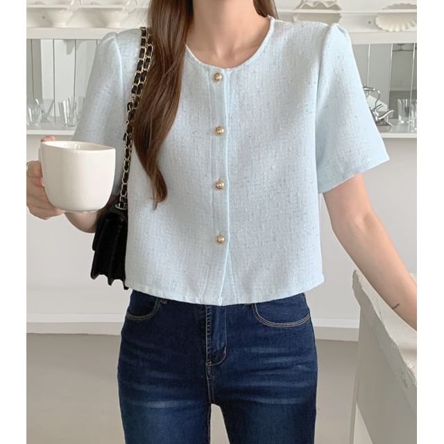 scenesweet-Short Sleeve Round Neck Textured Crop Blouse