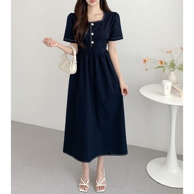 scenesweet-Short Sleeve Square Neck Stitching Button Front Midi A-Line Dress