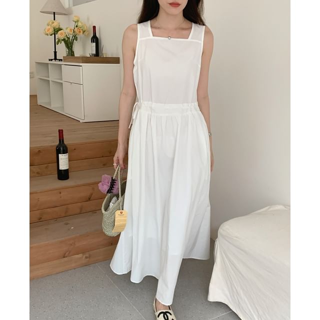 scenesweet-Sleeveless Square Neck Plain Drawstring Maxi Sundress