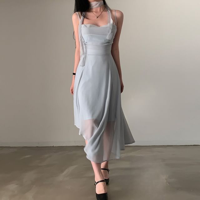 scenesweet-Spaghetti Strap Sheer Midi Mermaid Dress