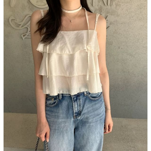 scenesweet-Square Neck Plain Tiered Camisole Top