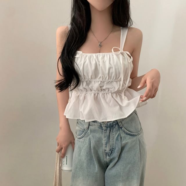 scenesweet-Square Neck Tie Strap Plain Ruched Peplum Tank Top