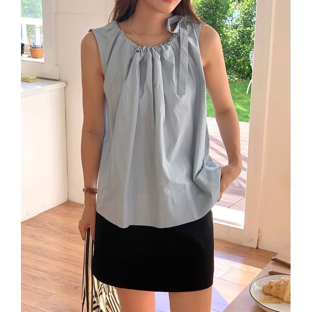 scenesweet-Tie Neck Plain Loose-Fit Tank Top