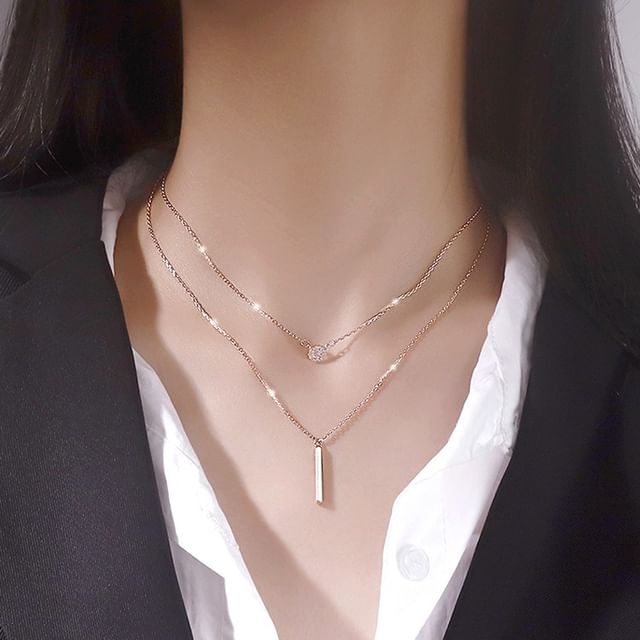 Seirios-Bar Rhinestone Layered Necklace